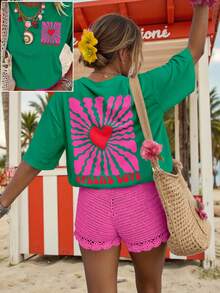 SHEIN LUNE Women's Graphic T-Shirt, Casual Street Style Short Sleeve Tee, Cute Summer Top Baby Tee Printed T Shirt Graphic T Shirt Cute T-Shirt Heart Graphic Tee Cute T Shirt Woman T Shirt Graphic Tops T Shirts Graphic - Green - View 5