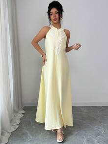 EMERY ROSE 女士优雅高端奶油黄V领刺绣开衩露肩长裙，适合宴会、日常穿着、简约夏季度假休闲装扮，女士夏季长袍，迪拜奢华蝴蝶长袍，亚麻奶油黄长袍，卡夫坦长袍，女士夏季连衣裙，夏季连衣裙，夏季服装，优雅女士长裙，优雅女士连衣裙，优雅长裙，优雅派对礼服，优雅女士派对礼服，长款派对礼服，婚礼宾客礼服 - 黃色 - 查看 3