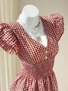 Elamini 女士红色格纹荷叶边袖V领纽扣松紧腰修身喇叭下摆衬衫，性感甜美欧式度假风 - 紅色 - 查看 5