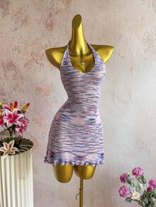 SHEIN SunnyBelle Y2K Women's Spring/Summer Island Vacation Beach Sexy Slimming Ombre Floral Mesh Knit Dress - Multicolor - View 4