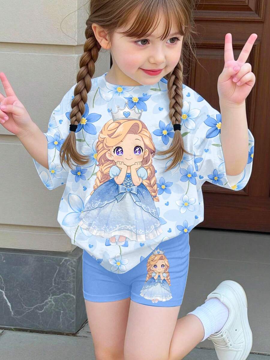 SHEIN Imprimé floral bleu mignon, imprimé de la princesse reine des neiges de dessin animé Frozen, ensemble assorti pour sœurs et meilleures amies, t-shirt à manches courtes et short 2 pièces style minimaliste décontracté pour jeune fille, adapté pour l'été - Multicolore - Voir 1