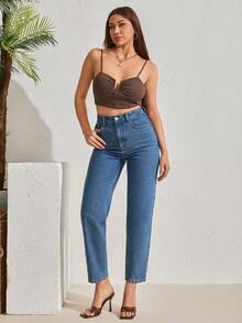 EURMUSE 100% Cotton Denim High Rise Super Mom Fit Denim Jean - Medium Wash - View 3