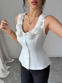 SHEIN Raffinéa ملابس علوية نسائية بدون أكمام جديدة للربيع/الصيف مزينة بزهور ثلاثية الأبعاد، خصر مشدود، أنيقة للارتداء اليومي والحضري - أبيض - مشاهدة 3