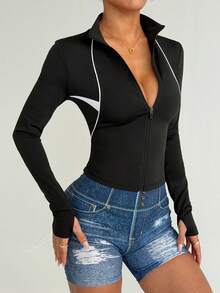 Dewbera Chaqueta deportiva ajustada con cremallera frontal y ribete de contraste - Negro - Ver 3