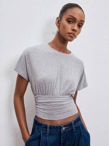 ATUI Studio Women's Pleated Round Neck Top - Soft Viscose Top With Gathered Detail For Casual Summer Office,Summer Top - Light Grey - View 5