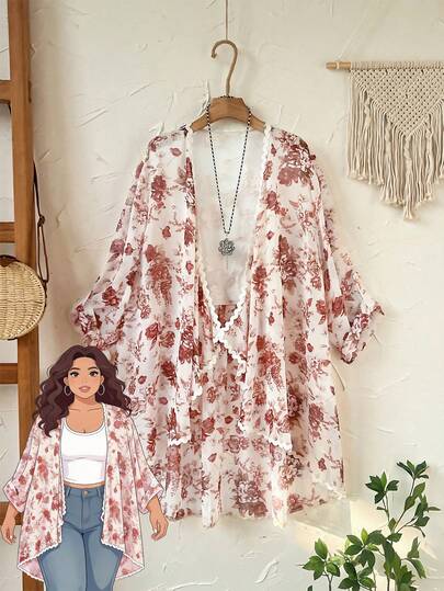 EMERY ROSE Plus Size Women's Summer Casual Vacation Country  Lace And Floral Embroidered Patchwork Floral Print Long Sleeve Roll-Up Sleeve Jacket For Summer/Flower,Summer Holiday,Spring Break Outfits ,Vacation Outfits Women ,Holiday Outfits For Women,Going Out Outfits,2026 New Clothes,Simple And Fashionable For Everyday Wear,Casual Vacation Boho Top,Suitable For Summer, Vacation, Commute, Daily Wear,Lightweight Vacation Coat,Chiffon Floral Print Cardigan