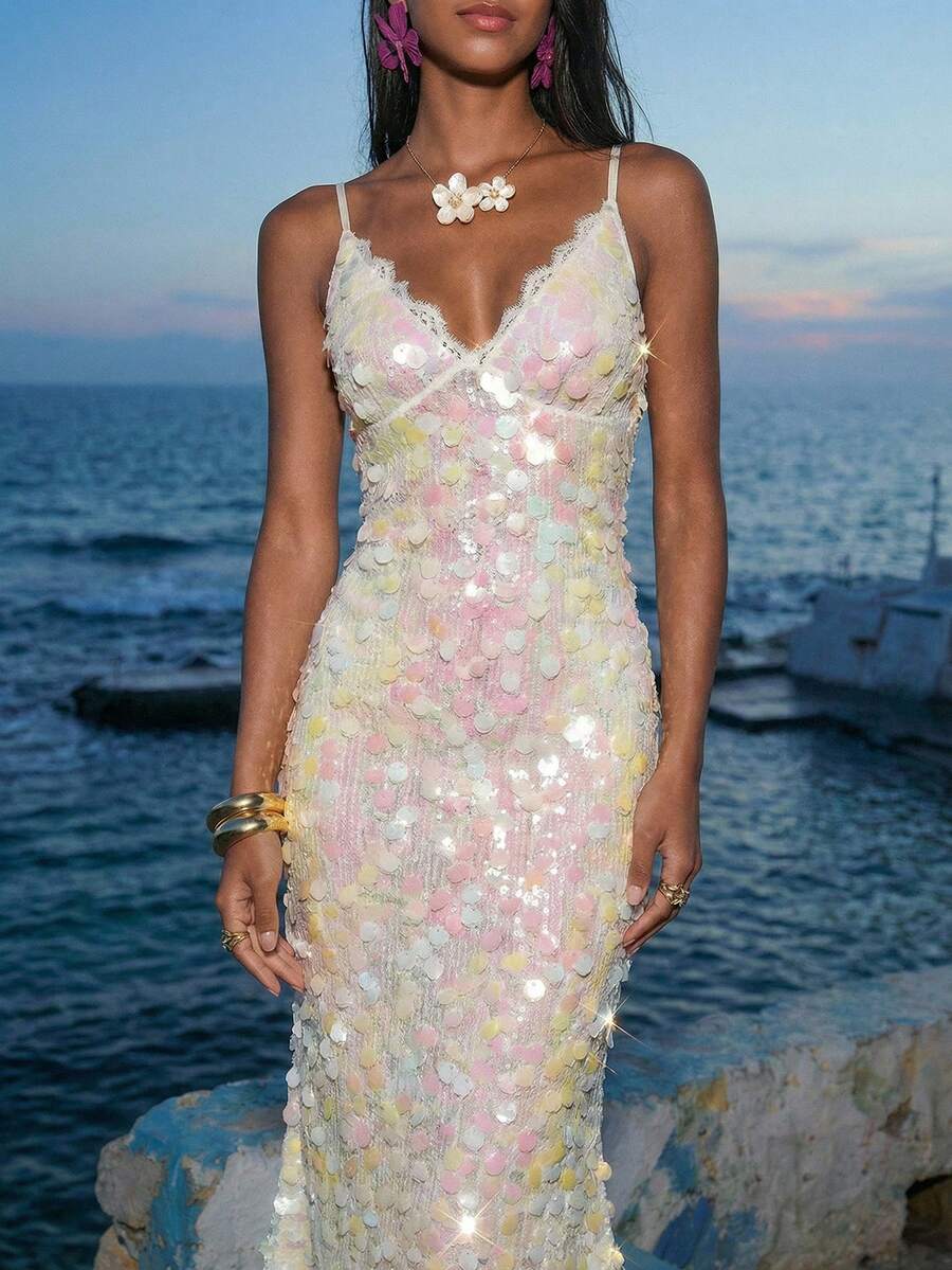 Nevyona 女款幻彩亮片蕾絲V領露背性感優雅長洋裝，適合春夏度假、海灘夜生活、派對，白色與粉色