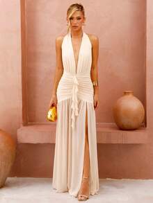 BiaLiraa 性感简约纯色黄色奶油色深V领露背修身褶皱网纱长款连衣裙，适合派对、鸡尾酒会、正式场合、伴娘、生日、圣诞节、商务休闲等场合，优雅女装 - 杏色 - 查看 1