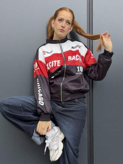 SILVIA DI SANTO 字母印花撞色落肩飞行员夹克，适合新年服装