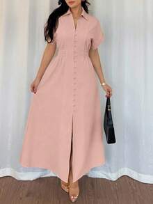 Rafferiza 女式休闲衬衫裙，前襟纽扣，插肩袖，收腰设计 - 粉色 - 查看 4