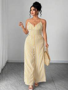 Elenzga Mono informal con estampado de rayas y flores, cintura ceñida, tirantes finos, espalda descubierta y lazo, adecuado para primavera/verano, vuelta al colegio, vacaciones, graduación, San Valentín, Navidad, festival de música, Día de la Madre, Halloween, Acción de Gracias, Pascua, Día Nacional, baile de graduación, cumpleaños, cita, temporada de bodas, excursión al aire libre - Multicolor - Ver 3