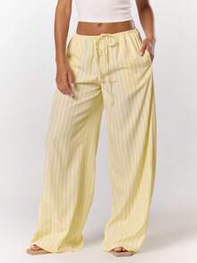MUSERA Quần ống rộng kẻ sọc có dây rút, thích hợp cho kỳ nghỉ hè, du lịch, đi biển, phong cách thanh lịch, chất liệu vải lanh, trang phục công sở cho nữ, quần tây mùa đông xuân cho nữ, lễ Phục sinh. - Màu vàng - Xem 1