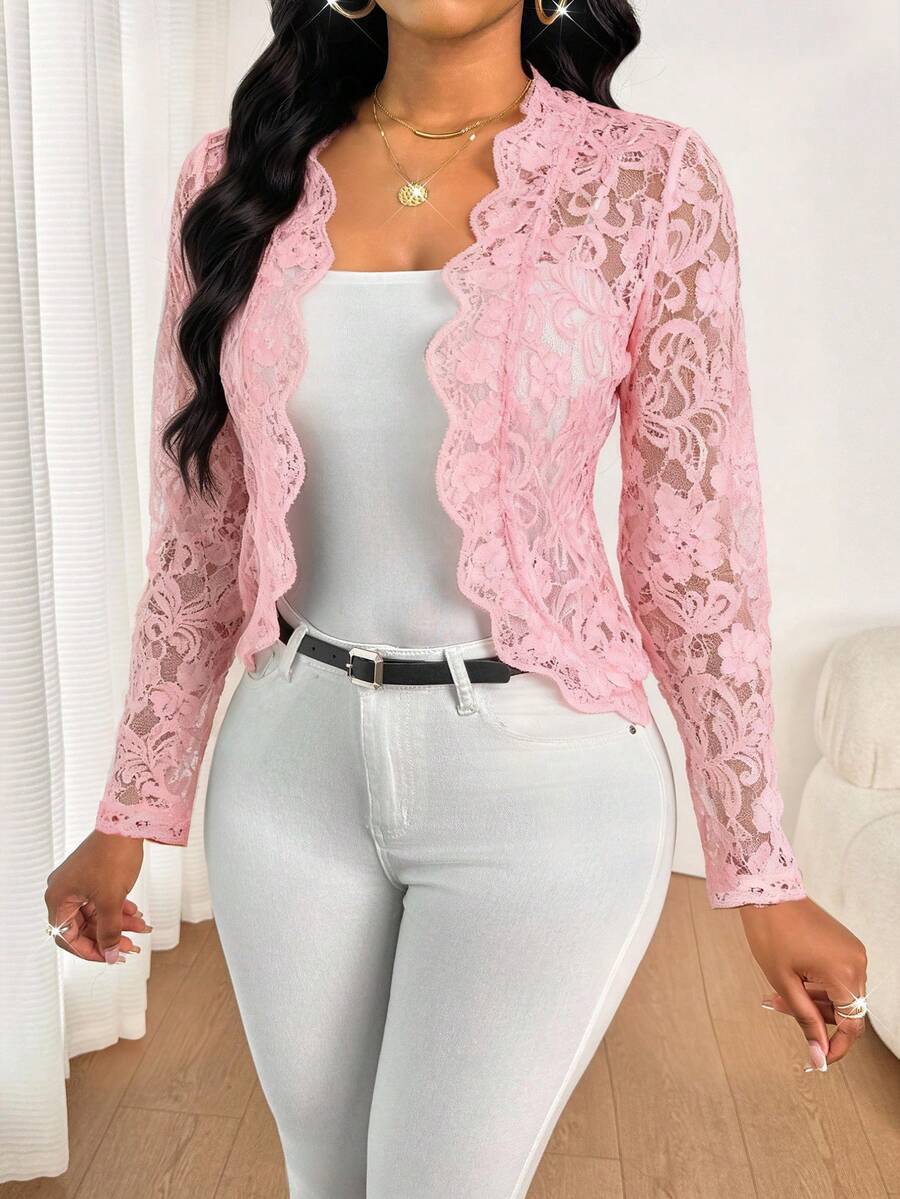 SHEIN Lady Women's Elegant Commuter Solid Color Lace Thin Jacket Lace Cardigan - Pink - View 1