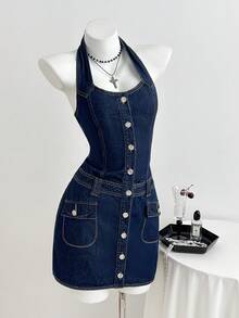 Elamini Women's Casual Front Button Backless Halter Denim Dress, Summer - Dark Wash - View 1