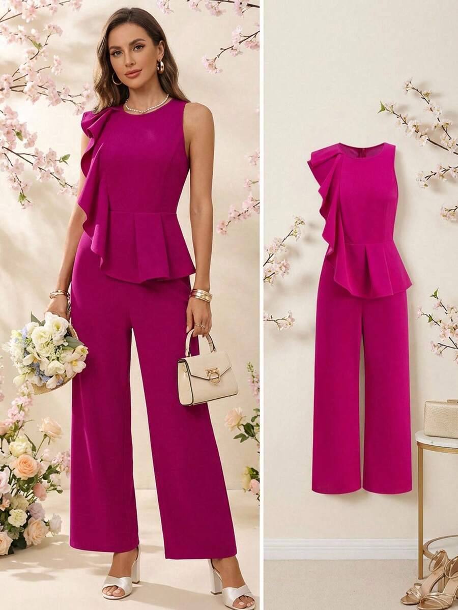 Ellevyn Women's Asymmetrical Ruffle Hem Elegant Sleeveless Jumpsuit, Purple-Red - Red Violet - View 1