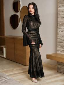 Modelyn Women's Floral Mesh Flare Sleeve Fishtail Hem Elegant Dress - Black - View 5