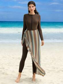 Swim Mulvari Đầm dệt kim dự tiệc ngày lễ, đầm đi biển đón năm mới, đầm đi biển gợi cảm với chân váy xòe, đầm đi biển kẻ sọc khoét lỗ cho mùa đông Giáng sinh, bộ bikini Burkini 3 mảnh không gọng thanh lịch mùa hè dành cho nữ, bộ đồ bơi Burkini Trung Đông - màu nâu - Xem 3