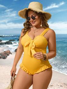SHEIN Swim Lushore Bộ đồ bơi liền thân màu vàng thanh lịch, ngọt ngào dành cho nữ, cỡ lớn, thích hợp cho khu nghỉ dưỡng bãi biển mùa hè, chất liệu vải mềm mại, thoải mái, đồ bơi liền thân cỡ lớn. - Màu vàng - Xem 5