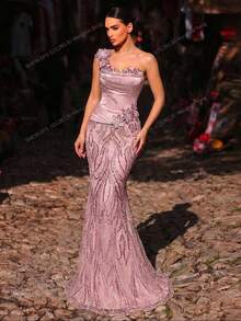 Glamrae 优雅奢华的珍珠亮片刺绣3D花卉图案缎面美人鱼裙，适合婚礼、派对、度假、舞会、正式场合（装饰繁复） - 藕粉色 - 查看 4