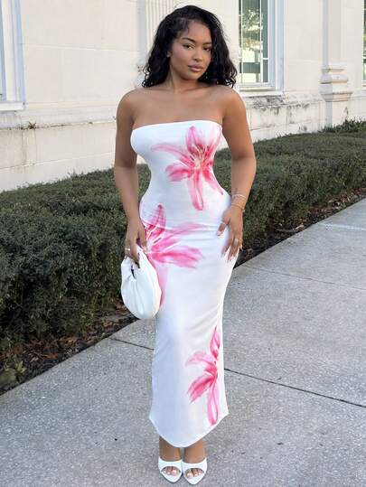 Alexandranx Bandeau Fitted Long Dress/ Pink Floral Elegant Dress/ Holiday Dress/ Island Holiday Dress/ Beach Holiday/ Party/ Birthday/Summer Dresses For Women/Dresses For Women Summer/Vacation Outfits Woman/Beach Outfits For Woman/Wedding Guest Dress Women/Birthday Dresses For Women/Dresses For Women Elegant/Birthday Outfits For Women Chic Dress