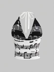 ROMWE Avant Women's Y2K Musical Note All-Over Print Deep V-Neck Knit Top - Black and White - View 2