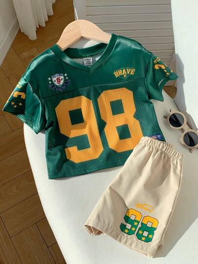 SHEIN 2pcs Baby Boy Fashionable Sporty Jersey Short Sleeve T-Shirt Set, Suitable For Spring/Summer