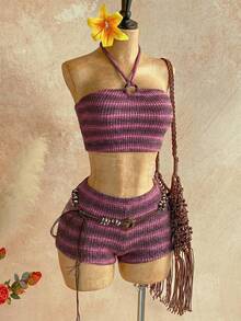 Soleia 2件套 女士秋冬吊带条纹上衣和超短裤 - 粉色 - 查看 3