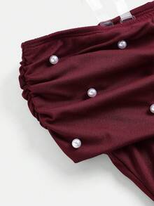 SHEIN 少女纯色酒红色串珠优雅复古返校/派对装、生日装、舞会礼服，针织露肩褶皱长裙，适合居家、户外、派对、聚会等各种场合，露肩中长连衣裙 - 酒紅色 - 查看 10