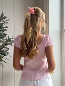 CovetEZ 女士碎花方领短袖系带休闲T恤，褶皱上衣，奶妈风上衣，粉色娃娃衫，可爱夏季穿搭，女士夏季穿搭，女士潮流穿搭，少女风穿搭，粉色上衣 - 粉色 - 查看 7