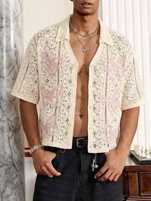 SWAVVY Men's Butterfly Pattern Hollow Button V-Neck Knit Sweater - White - View 5