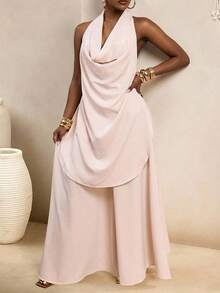 BamGleam Women Elegant Peach Pink Summer 2-Piece Set,Halter Draping Collar Sleeveless Open Back Top & Loose Wide-Leg Pants,Casual Chic Brunch Outfit Graduation - Apricot - View 5
