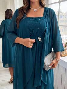 Ellevyn 大码女式水钻装饰褶皱连衣裙和睡袍休闲派对套装 - 藏蓝色 - 查看 3