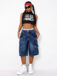 SHEIN ICON Quần short denim nữ dáng rộng, thoải mái với nhiều túi tiện dụng. - Rửa tối - Xem 6