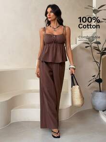 SHEIN Tall 100% Cotton Woven Brown Linen Camisole And Pants Set Pant Suit Summer Sets Brown Two Piece Set Summer Pants Sets For Women Linen Two Piece Set Brown Jumpsuit - Brown - View 5