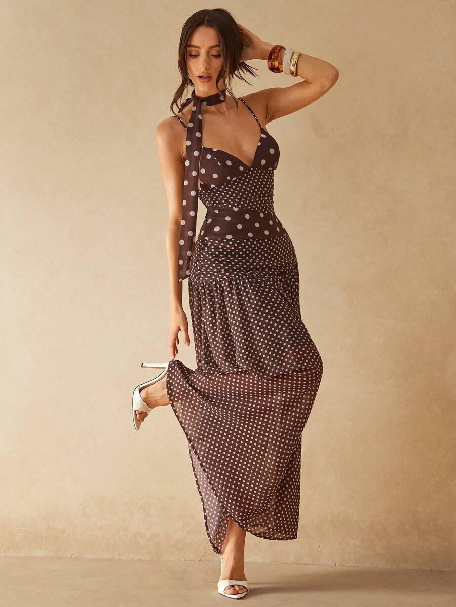 Silquee 女士波点印花优雅时尚吊带连衣裙 - 彩色 - 查看 1