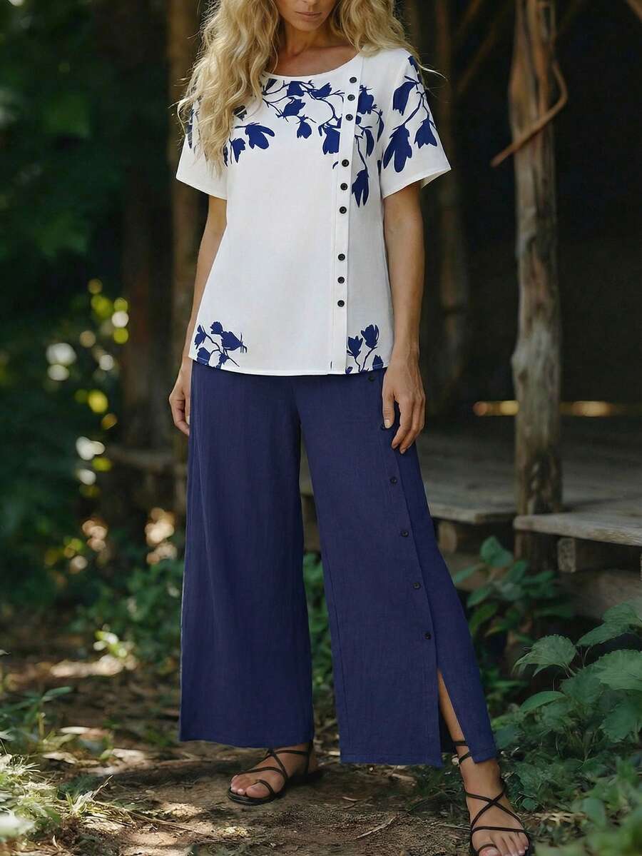 Linavere Women's Casual Floral Print Short Sleeve T-Shirt And Wide Leg Pants 2-Piece Set, Suitable For Spring, Summer And Autumn - White - View 1