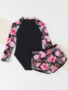 SHEIN 少女碎花连体泳衣，带短裤，长袖，夏威夷图案，前拉链，含遮羞短裤，可爱Y2K风格，适合游泳、冲浪、度假、海滩、春假、新年等场合。 - 黑色 - 查看 2