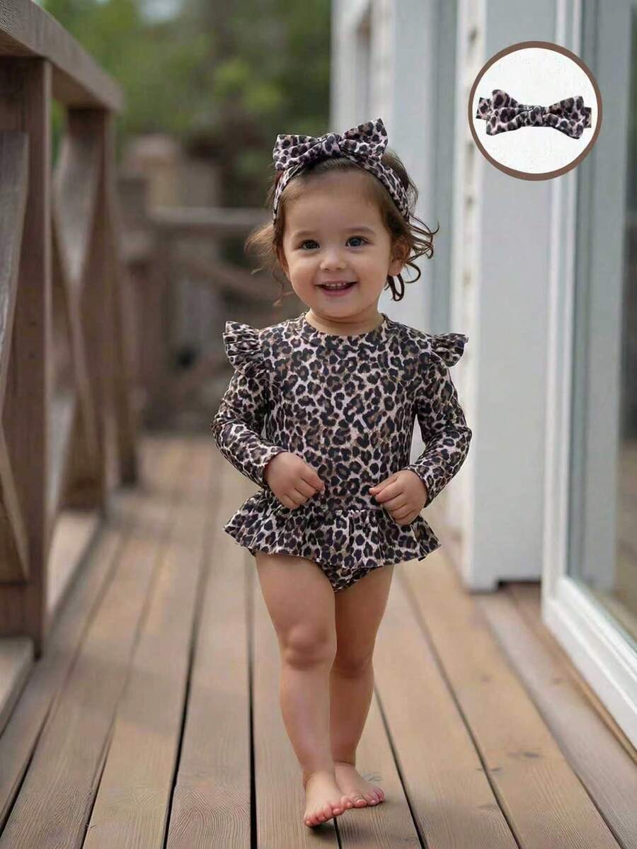 女婴豹纹泳衣，带荷叶边和袖子，含发带，适合夏季海滩度假，时尚百搭。 - 彩色 - 查看 1