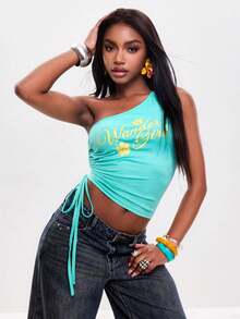 Coolane Blusas de tirantes asimétricos verdes con estampados gráficos, elásticas y con cordón, estilo chic Y2K para vacaciones, para mujer en primavera/verano - verde menta - Ver 2