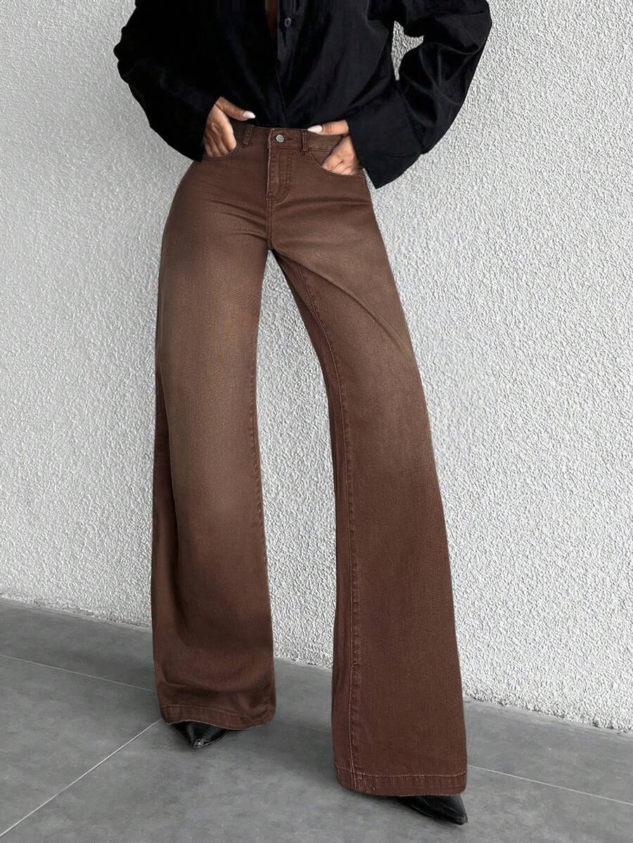 ZIRRA Quần jeans ống rộng cạp cao có túi dành cho nữ, dáng rộng, dễ phối đồ - màu nâu - Xem 1