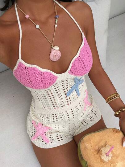 Aloruh Áo croptop móc len màu hồng trắng buộc dây cổ yếm trang trí sao biển dành cho nữ, thích hợp cho kỳ nghỉ biển.