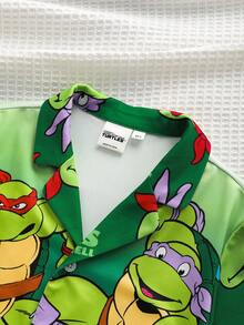 TEENAGE MUTANT NINJA TURTLES | SHEIN Tween Boy Cartoon Print Short Sleeve Top And Shorts Pajama Set - Green - View 3
