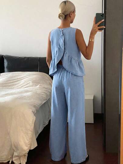 SHEIN Conjunto de 2 peças para adolescente: regata folgada em jeans azul e calça pantalona.