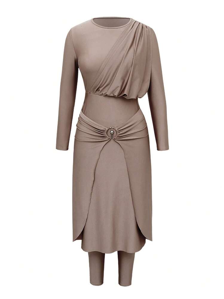 Swim Mulvari Women's New Khaki 2 Pieces Swimsuit Set With Shiny Fabric, Decorated Waist, Long Dress And Slim-Fit Pants, Fashionable Beach Resort Conservative Burkini, Spring/Summer - Khaki - View 6