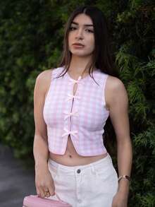 Andrea Bello 女式休闲 Y2K 格子印花蝴蝶结针织毛衣 - 粉色 - 查看 1