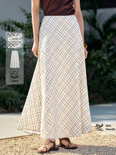 Ontre 女士半身裙，米色和咖啡色格纹面料，舒适亲肤的梭织面料，宽松版型，隐形拉链，现代都市时尚商务休闲办公装，春夏皆宜，低调复古风，高品质，适合机场、邮轮、婚礼宾客、度假等场合，简约奢华感，百搭，高端面料，四季皆宜，度假休闲，时尚畅销款