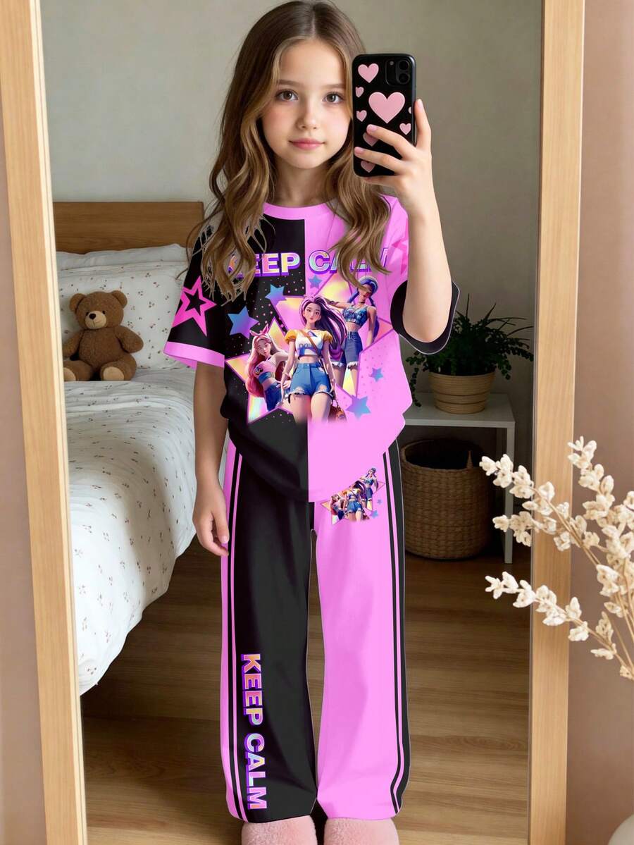 SHEIN 2026新款休闲修身圆领短袖睡裤套装,适合夏季,甜美可爱,舒适休闲,充满度假风情,轻松舒适,Y2K风格,少女服装,女童套装,少女服装 - 彩色 - 查看 1