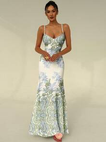 Aloruh Vestido ceñido con tirantes finos y estampado de vid floral elegante y romántico para mujeres, adecuado para la playa, salidas, chic, primavera/verano - Multicolor - Ver 3