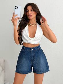 水钻装饰，舒适棉质面料，自然腰线，牛仔短裤 - 中等水洗藍 - 查看 1