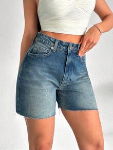 SHEIN Hög midja damjeanshorts i mellanblått, avslappnad stil - Ljustvätt - Visa 7